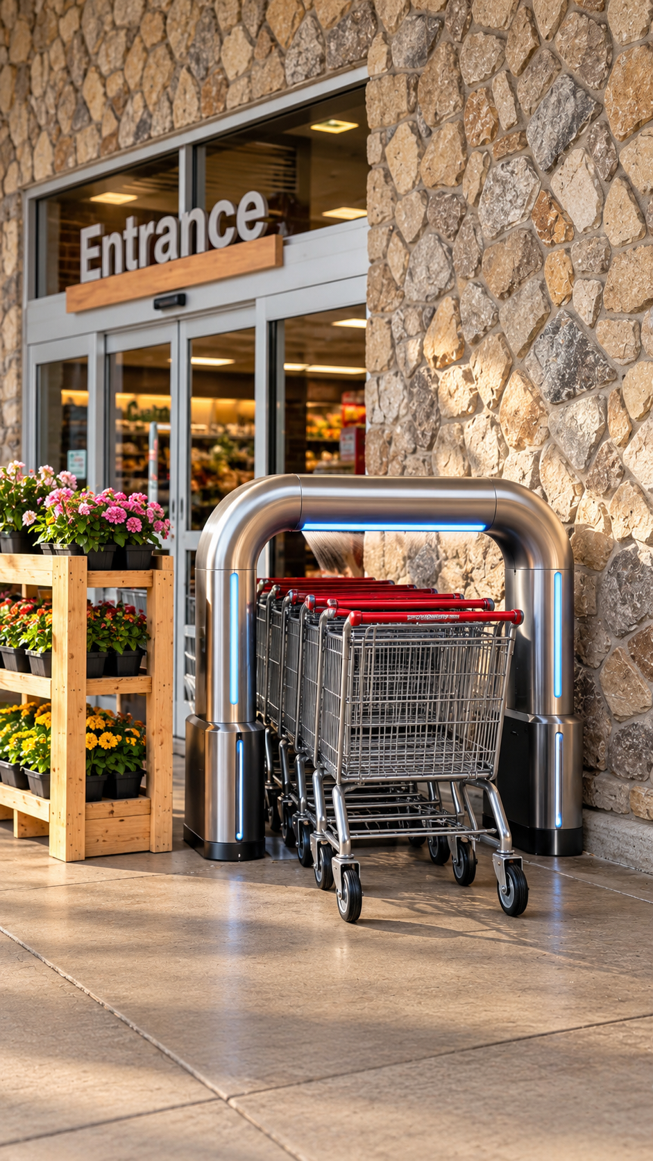 ArchClean cart-cleaning arch with shopping carts at a store entrance