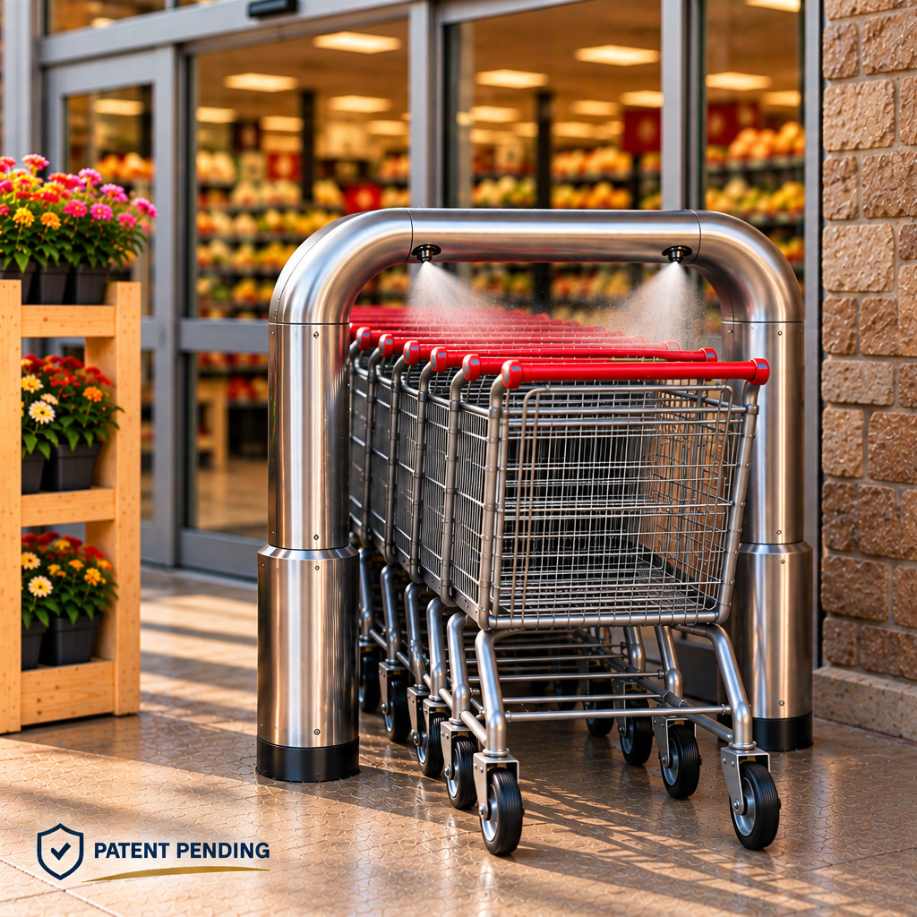 Stainless ArchClean unit misting a nested row of shopping carts at a store entrance